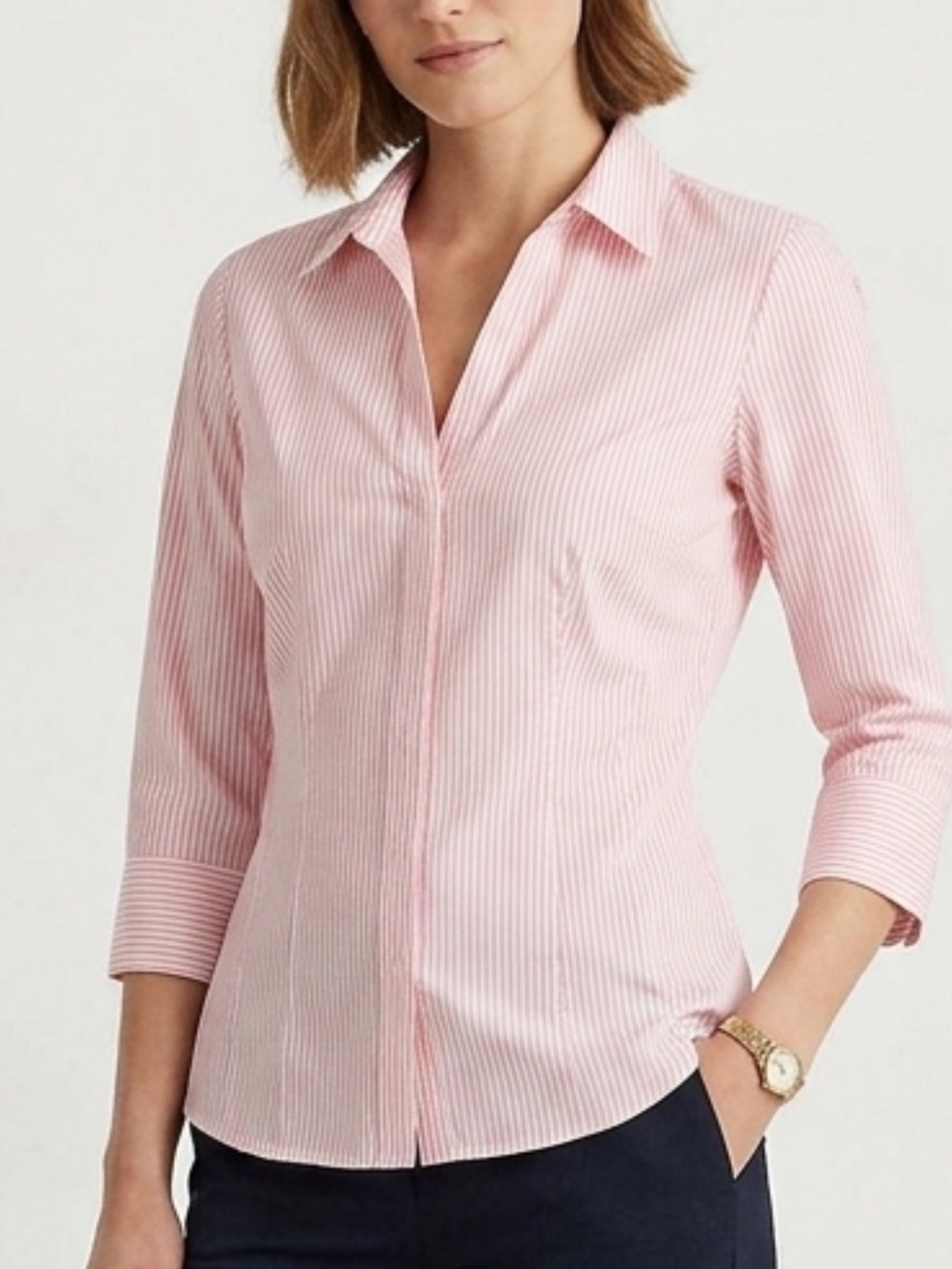 Lafayette 148 New York Striped V-Neck Blouse Size 0 Pink Preppy Office Business - Picture 2 of 5